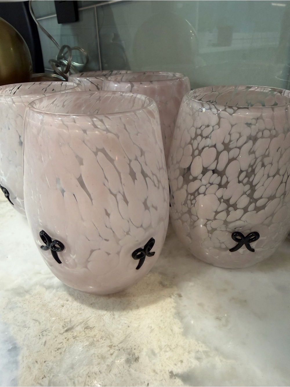 Handblown Pink Marbled Glass Tumbler with Black Bow Accent - Set of 4